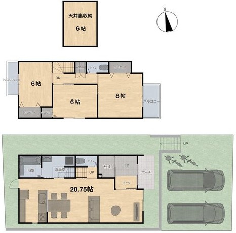 【土地図＋建物プラン例】 | K11826-2号地大宮 | 2号地Bプラン、3LDK、土地価格2642万円、土地面積138.82m2、建物価格1738万円、建物面積95.98m2