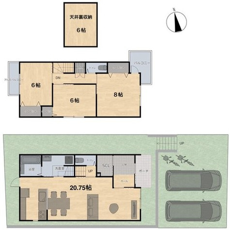 【土地図＋建物プラン例】 | K11826-2号地大宮 | 2号地Aプラン、価格4380万円、3LDK、土地面積138.82m2、建物面積95.98m2