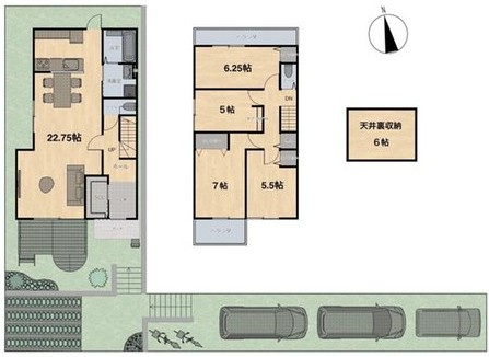 【土地図＋建物プラン例】 | K11827-3号地大宮 | 3号地Aプラン、4LDK、土地価格2777万円、土地面積185.39m2、建物価格1903万円、建物面積105.3m2