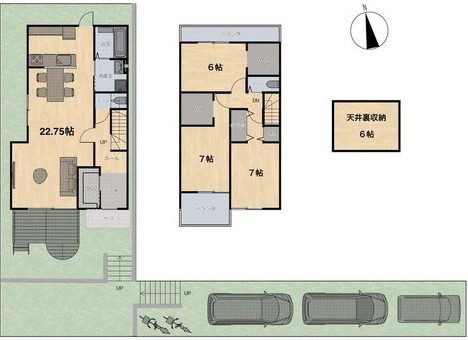 【土地図＋建物プラン例】 | K11827-3号地大宮 | 3号地Bプラン、価格4630万円、3LDK、土地面積185.39m2、建物面積102.87m2