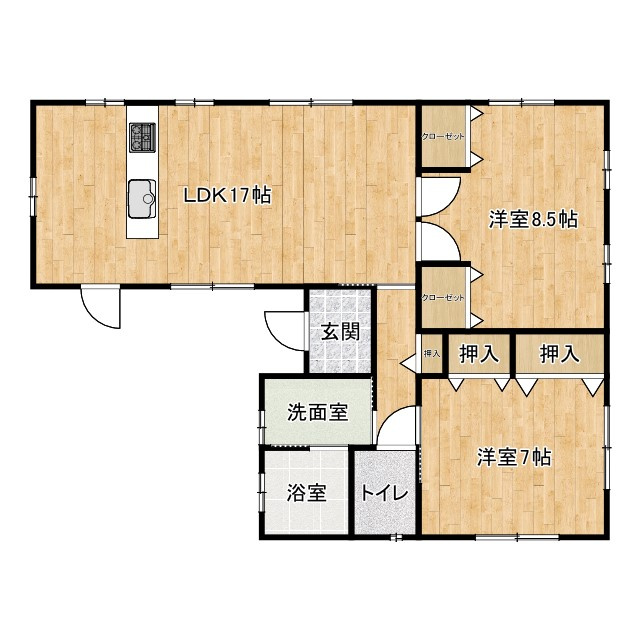 新築戸建・建売　大玉村玉井　平屋建ての間取り|平屋建て住宅でコンパクトな2LDK！LDK17帖で広々とした家族団らんスペースです！