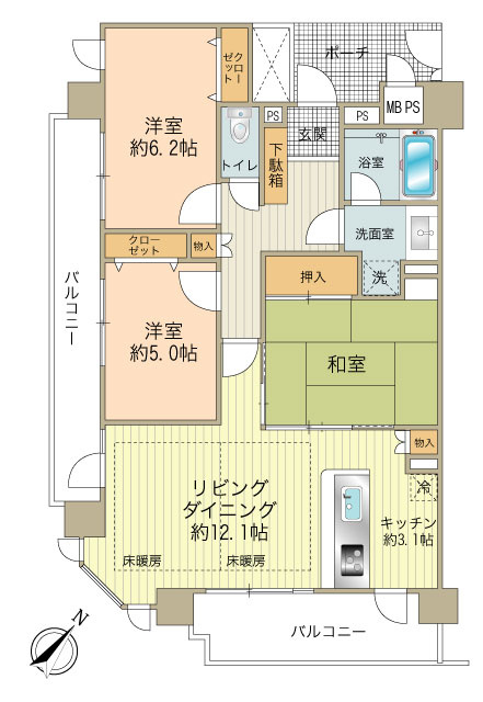 南側、西側にバルコニーが有る角部屋、明るいお部屋位置です。