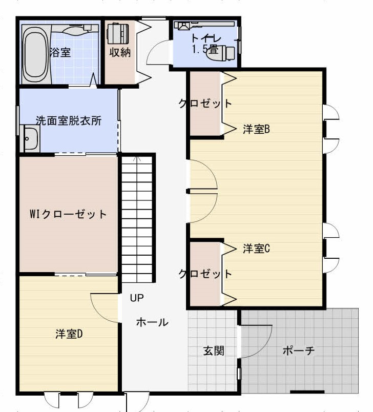 堀川町　「家は品質！」当社施工の中古住宅　2015年築　4LDKの間取り|1F平面図　3部屋　洗面　浴室　トイレ