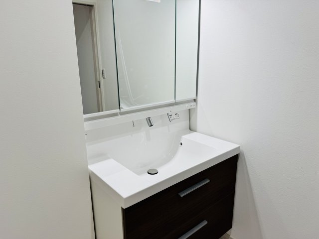 八王子市　元八王子町　新築一戸建て　６期の独立洗面台|～３面鏡付きの独立洗面台　細々している物をスッキリ収納出来ます～