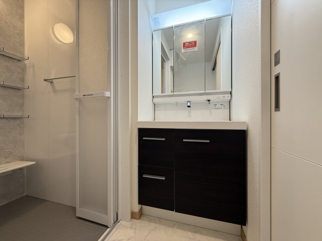 北区赤羽西3丁目 限定1棟の独立洗面台|使いやすい三面鏡の中やベースキャビネットにはたっぷり収納できます