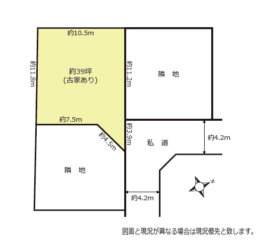 駅徒歩13分・小学校とコンビニが徒歩10分圏内の便利な住宅地の土地図|土地の図です。間口は約3.9mあります。