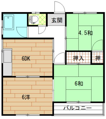 山縣アパートの間取り|洋室×1、和室×２の3DKです。