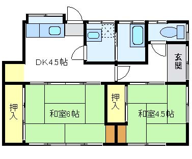 道祖町貸家の間取り|6帖和室、４.5帖和室、4.5DKの２DKです。