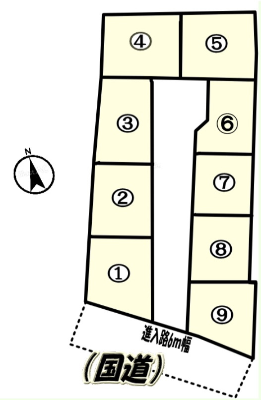土佐市高岡町丙　１号地　建築条件なし　売土地　（全9区画）の区画図|１号地