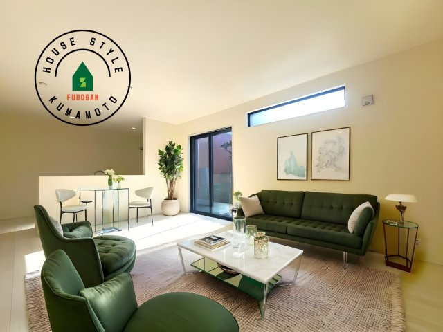 熊本市南区御幸笛田1丁目第1-1棟(1号棟)の居間・リビング|キッチンからリビングをしっかり確認できます。家族の笑顔があふれる空間になりそうですね。※家具はCGを合成したものです。