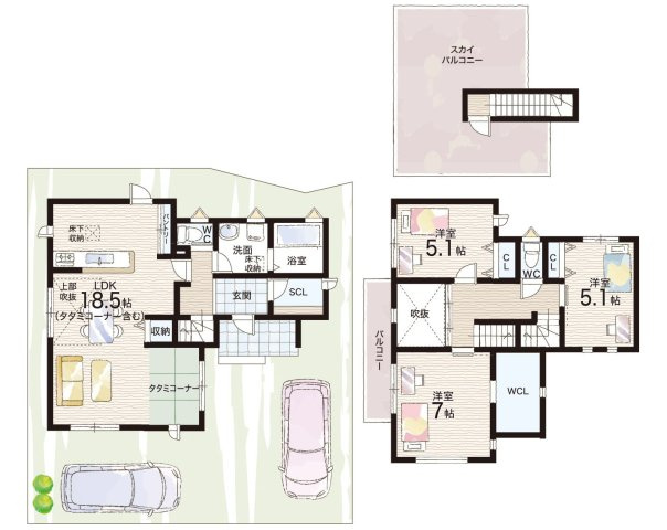 八幡市八幡福禄谷　新築一戸建ての間取り|ＳＩＣ・吹抜け・５号地