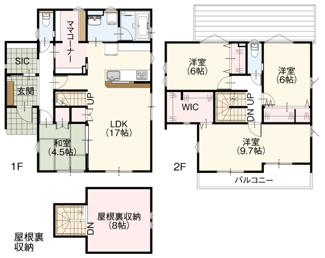 【間取り】 | 鹿沼市栄町モデルハウス　1号棟 | ママコーナーやシューズインクロークなど、ゆとりの空間がございます。全室に大容量の収納がございます。階段でそのまま行ける屋根裏収納が便利です。
