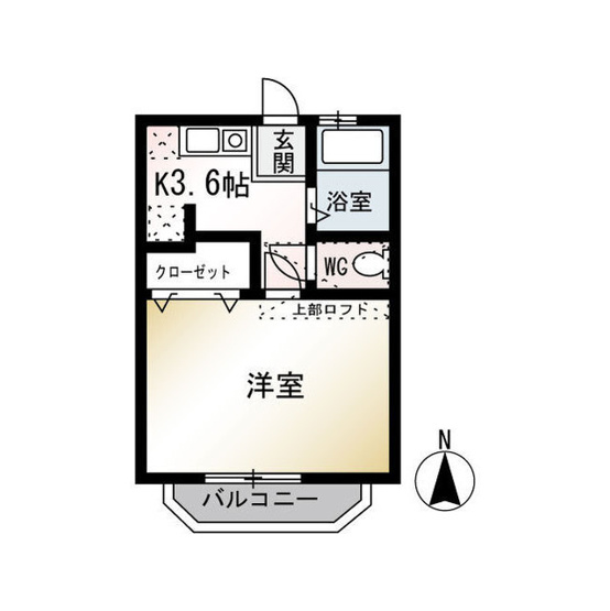 【間取り】 | ハイツ茅ヶ崎 | 洋室7.3畳。Ｋ3.6畳。ロフトあり