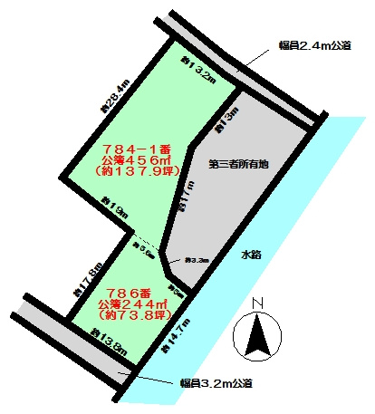 稲敷市柴崎　土地の土地図|2区画同時販売、合計700平米（約211.75坪）