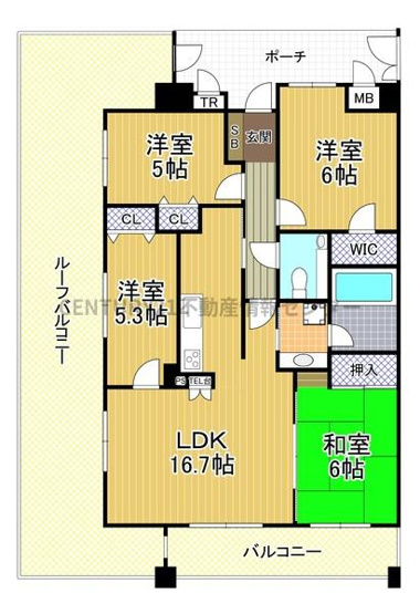 【間取り】 | キングマンションシーブリッサ此花ウエストウイング | 北角部屋！
北東・北西・西の引廻しバルコニー！
陽当り、通風、眺望良好！