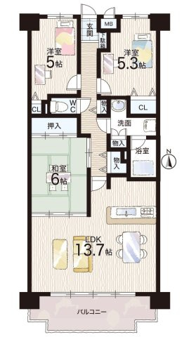アンビエント枚方公園の間取り|3LDK　各居室に収納スペースあり♪
