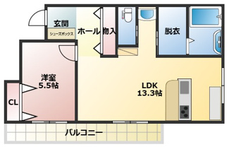 【間取り】 | ティアメゾン | 1LDK（洋間５．５帖　LDK１３．３帖）