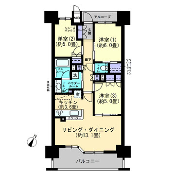 プレミスト照国表参道の間取り|専有面積73.16㎡（壁芯）の3LDKです。水回りが中心にまとまり、家事動線に配慮された間取りです。