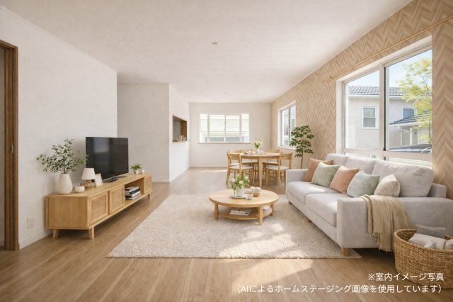 マ・メゾン　廿日市市四季が丘八丁目　№99の居間・リビング|ヘリボーン柄のアクセントクロスがオシャレです♪