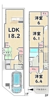 【土地図＋建物プラン例】 | 下京区西七条西八反田町　建築条件付 | 建築プラン例：建物価格1598万円、建延87.55平米、建築確認申請費用77万円＋外構費用110万円＋水道負担金22万円別途要（税込）