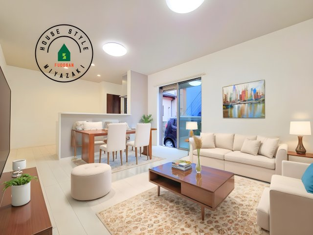 宮崎市昭和町モデル（1号棟）の居間・リビング|明るく開放的なリビングダイニングは豊かな陽光が注ぎ込み、やすらぎの空間を演出してくれます。ご家族で楽しいひとときをお過ごし下さい。※家具はCGを合成したものです。