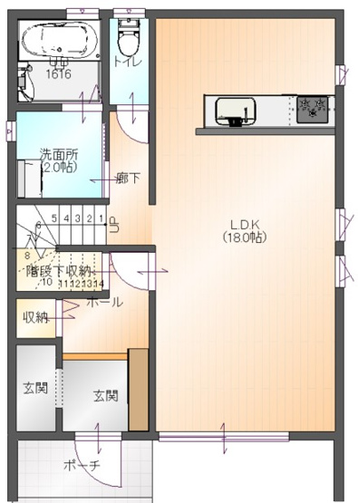 【間取り】 | ＜FG＞深谷市上野台390フルクラシルB棟 | 1階間取り。ベビーカー・ゴルフバック・アウトドア用品をしっかり収納できる土間収納は心強い味方です☆