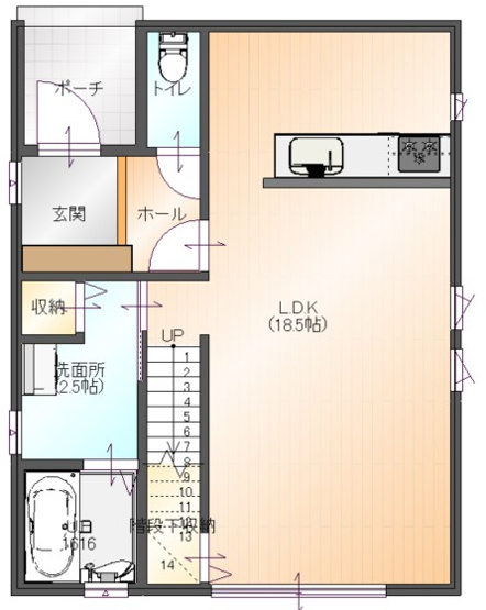 【間取り】 | ＜FG＞本庄市見福4丁目フルクラシル | ☆18.5帖広々LDKには階段下収納付☆
☆リビングin階段で自然とコミュニケーション生まれます☆
☆嬉しい大容量収納付洗面所☆