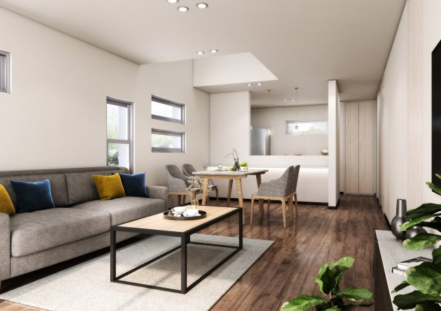 【デザイナーズ住宅】LUXTA藤久保12期　●鶴瀬駅徒歩12分●当日の案内も可能です♪の居間・リビング|ご家族みんなで長い時間を過ごすリビングは一番居心地のいいものであって欲しいですね。開放感のある広々リビングに光と風を呼び込みます。収納も多く快適な住空間を実現します。（インテリアや家具等は含みません）