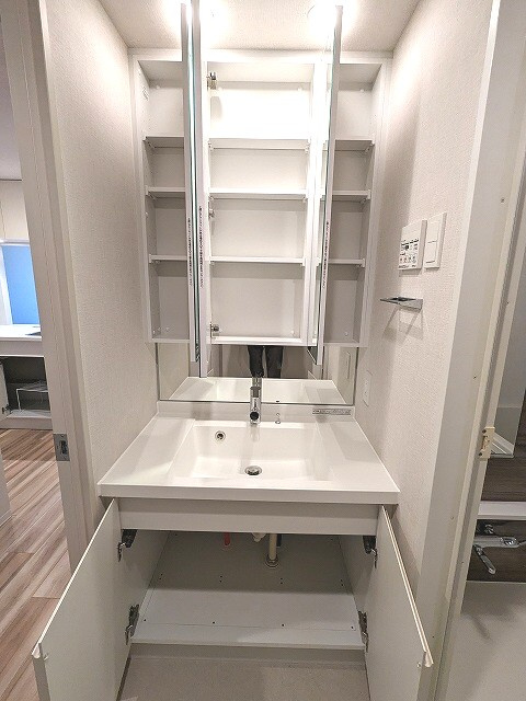 ONE ROOF RESIDENCE上野御徒町の設備|トイレと独立した洗面室、三面鏡付き、ハンドシャワー付き洗面台