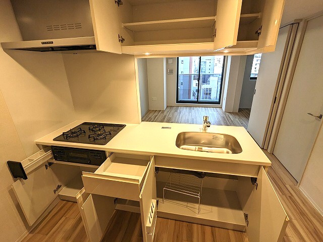 ONE ROOF RESIDENCE上野御徒町の設備|グリル付、ガス3口カウンターシステムキッチン、瀟洒でお手入れ楽なガラストップコンロ、豊富な収納
