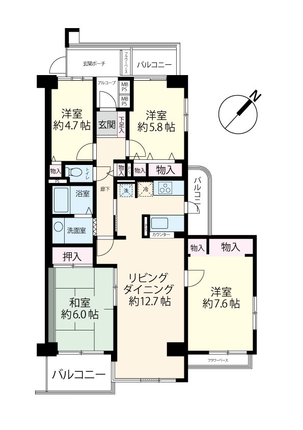 東南向きの角部屋。91.99㎡の4LDK。