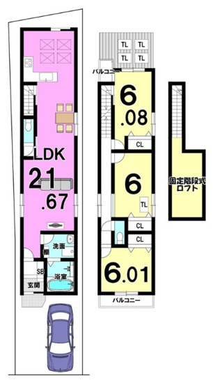 【土地図＋建物プラン例】 | K11842-大将軍 | 3LDK、延床：90.84㎡、1階：48.84㎡、2階：42.00㎡