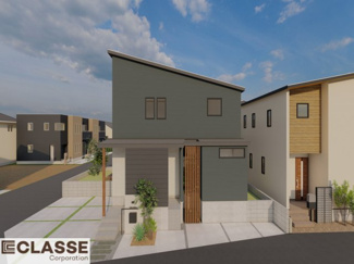 【外観パース】 | 宇治市広野町桐生谷　売土地 | 参考プランになりますので、お客様のお好みの外観を一緒に作らせていただきます。外壁には、メンテナンスが楽な光セラを採用しており、汚れがつきにくく、色あせもしにくいのでおススメです！