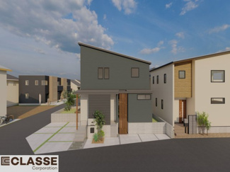 【外観パース】 | 宇治市広野町桐生谷　売土地 | 標準仕様（アトリエスタイルハウス仕様）で断熱材は気密性、断熱性能も高い、吹付断熱を採用。屋根断熱を実現していますので、お家全体が冬はあったかく、夏は涼しいお家づくりが可能です。