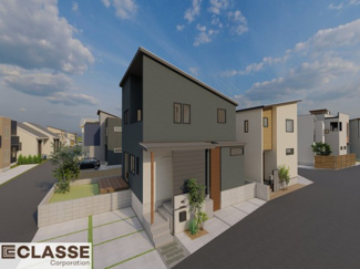 【外観パース】 | 宇治市広野町桐生谷　売土地 | 標準仕様（アトリエスタイルハウス仕様）で断熱材は気密性、断熱性能も高い、吹付断熱を採用。屋根断熱を実現していますので、お家全体が冬はあったかく、夏は涼しいお家づくりが可能です。