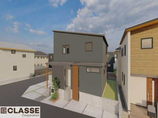 【外観パース】 | 宇治市広野町桐生谷　売土地 | 弊社標準仕様（アトリエスタイルハウス仕様）では、耐震等級3相当が標準です。間取りにもよりますので、設計士に確認しながら、ご希望の間取りとの兼ね合いで考えていきましょう。