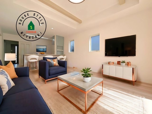 宮崎市田野町井倉モデル（4号棟）の居間・リビング|キッチンからリビングをしっかり確認できます。家族の笑顔があふれる空間になりそうですね。※家具はCGを合成したものです。