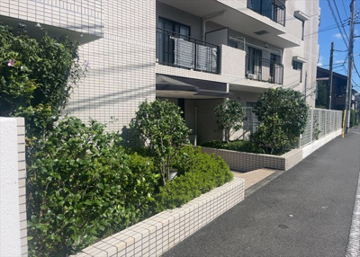 【中庭】 | 西八王子パーク・ホームズ | 中庭（パティオ）とは、一つの建築物の内部に設けられた、壁などで囲われている庭のことを指します。コの字型、ロの字型が主流ですが、L字型の中庭もあります。最近では、インテリア性の高さからも人気があります。