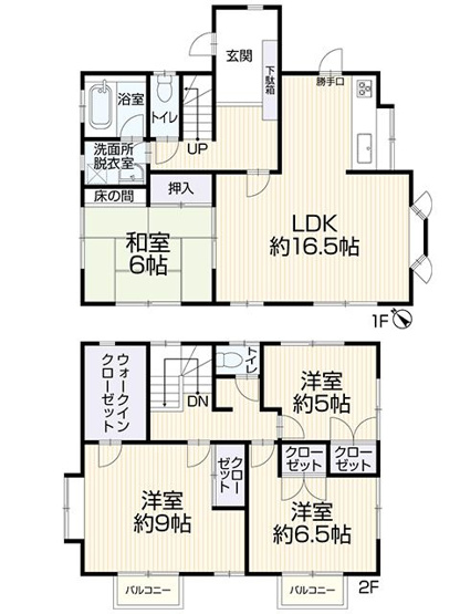 【間取り】 | 筑紫野市美しが丘南４丁目 戸建て | リビングも居室も広々とした3LDKは収納も充実しており、居住スペースをスッキリと使えます。各階にトイレがあるので混み合いやすい時間帯でも安心ですね♪