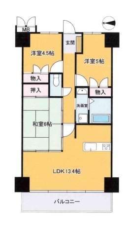ディオフェルティ石切の間取り|中古マンション　3LDK　専有面積：63.80㎡（壁芯）　バルコニー面積：10.27㎡　西向き