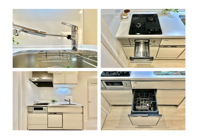 北千住ダイヤモンドマンションのキッチン|【システムキッチン】ワイドで収納豊富な使い勝手の良いシステムキッチンには、食洗器や伸縮タイプのキッチン水栓、魚焼きグリルなどの便利な設備が標準完備されています。
