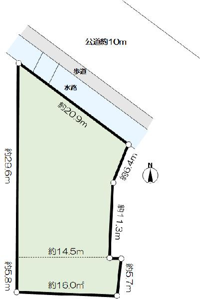 尼崎市富松町３丁目　土地の土地図|北東側幅員約10m公道