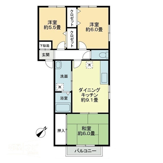 【間取り】 | フォブール山本C | 3DKタイプのお部屋です