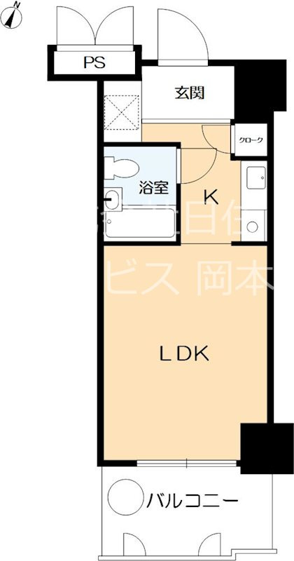 カサベラ岡本の間取り|14.95㎡南向きのワンルームです