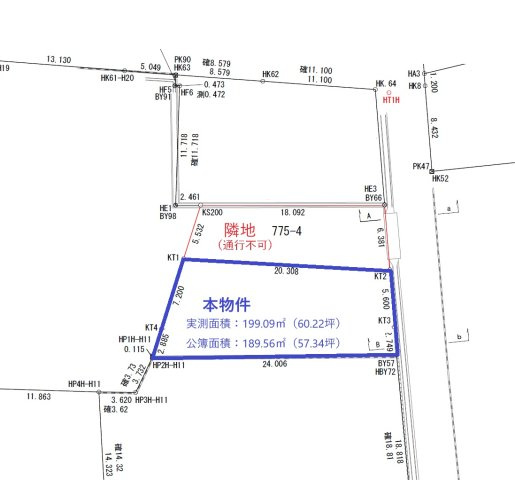 売土地　大垣市南一色町　60.22坪の区画図|青色の枠内が本物件になります。奥行は20～24ｍ有ります。