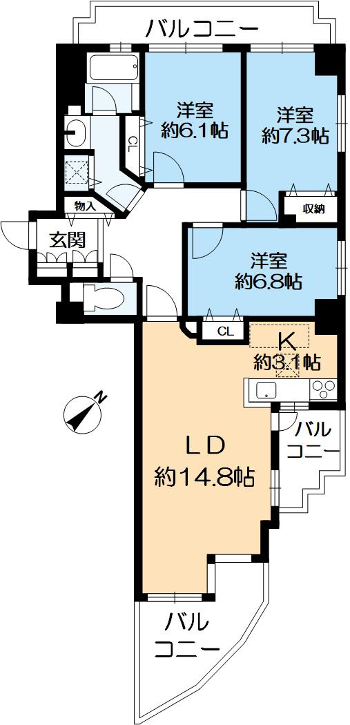 ライオンズマンション篠原北町の間取り|◎専有面積90.16㎡（壁芯）3LDK