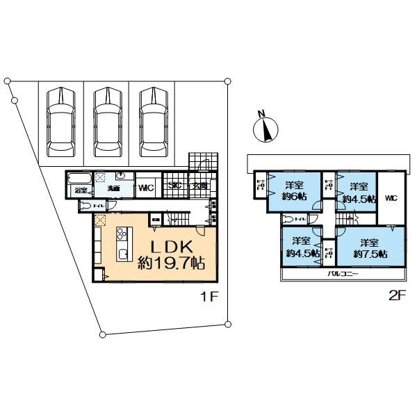 長岡京市長岡２丁目　土地の参考プラン|建物プラン　4ＬＤＫ　1階63.76㎡　2階56.31㎡　価格　2,900万円　