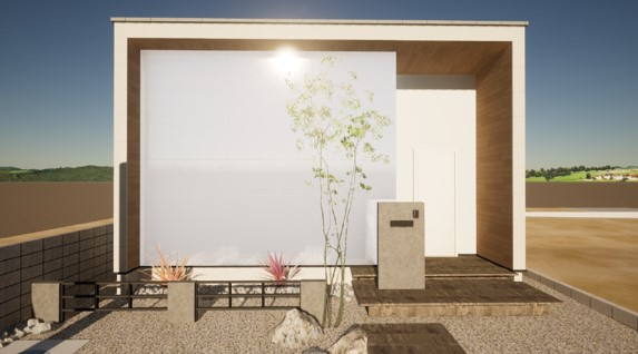 新築戸建　掛川市上西郷モデルハウスの外観パース|街の風景を取り込み、写し出すファサードのデザイン。
シンプルながら計算し尽されたモダンなラインを織り交ぜた平屋住宅。
その美しい住宅の名は、グラスアーツ。