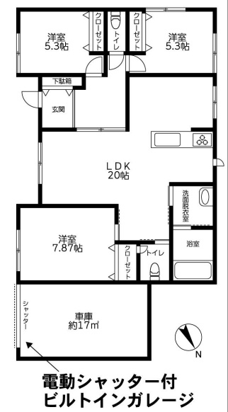 香取市府馬　平家中古戸建の間取り|図面と現況に相違がある場合、現況を優先致します。
内装リフォーム済み令和6年9月 ３LDK+ビルトインガレージ（リモコンシャッター）敷地約182坪
トイレ2ヶ所あり