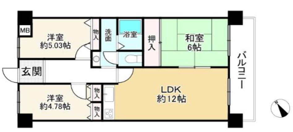 加古川グリーンシティＥ棟　5階の間取り|3ＬＤＫです。